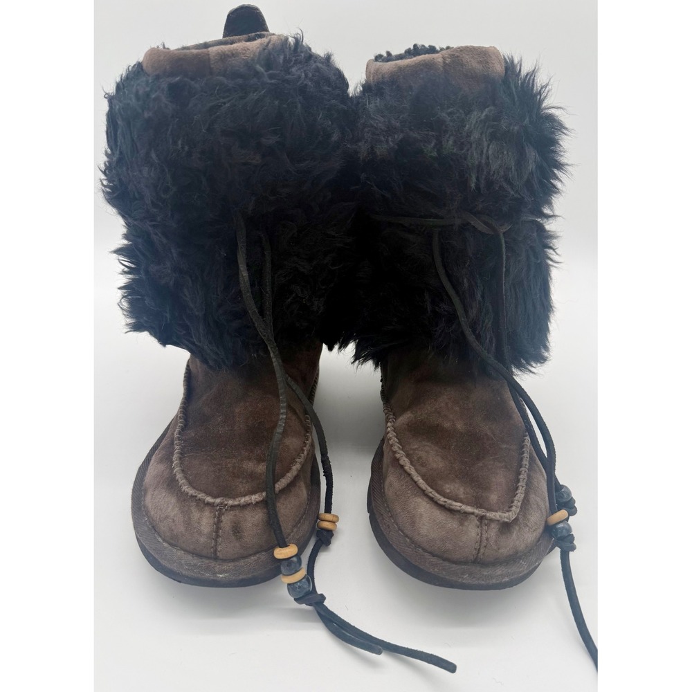 UGG Australia Sunburst Tall Brown Suede Black Fur Trim Boots Women size 7